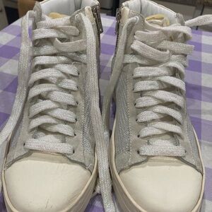 P448 Women's White and Silver High-Top Sneakers